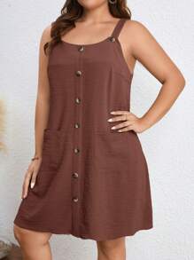SHEIN LUNE Robe d'été casual à bretelle avec poche et bouton unique pour femmes grande taille - Tabac - Voir 5