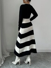 Elenzga 女士圆领长袖拼色条纹简约优雅针织毛衣连衣裙 - 黑與白 - 查看 2