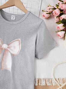 Camisón de manga corta con estampado de gato simple para niña preadolescente, ropa de verano para viajes y relajación - Gris Claro - Ver 4