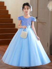 SHEIN Vestido de dama de honor para niña preadolescente, vestido de gala infantil de princesa, vestido formal de cumpleaños, adecuado para Navidad, Halloween, Acción de Gracias - Azul - Ver 5