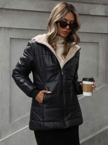 Aveloria Modichic 简约格子绗缝连帽拉链加厚棉服冬季休闲百搭 - 黑色 - 查看 5