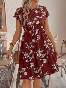 EMERY ROSE Vestido de verano de manga corta con cuello redondo y estampado floral diminuto - Burdeos - Ver 6