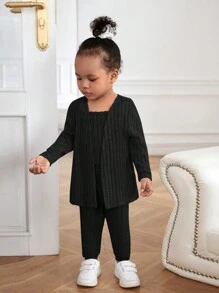 SHEIN 3pcs Baby Girl Set: Grey Knit Cardigan, Top & Pants