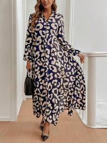 SHEIN LUNE Áo sơ mi dài in họa tiết thanh lịch thời trang nữ - Màu xanh lam - Xem 6