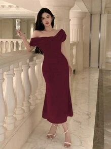 DAZY 夏季优雅纯色露肩短袖连衣裙，适合婚礼宾客、舞会、晚宴等场合，优雅连衣裙，红色女士婚礼礼服，嘉年华鸡尾酒会礼服 - 酒紅色 - 查看 5