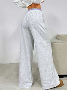 SHEIN Pantalones anchos informales y holgados de cintura alta con bloque de color y dobladillo sencillo y cómodo para niña preadolescente