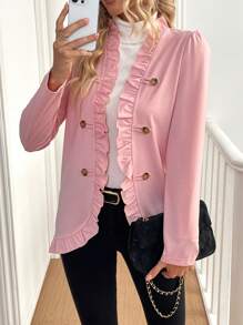 SHEIN LUNE 纯色前扣长袖荷叶边下摆休闲夹克