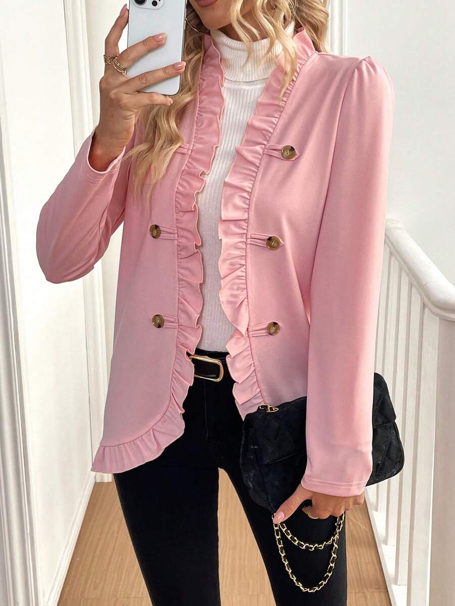 SHEIN LUNE 纯色前扣长袖荷叶边下摆休闲夹克