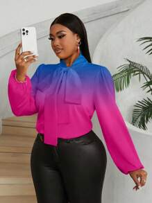 Maweii Camicetta elegante da donna taglie forti con stampa sfumata a nodo e maniche lunghe - Multicolore - Visualizzare 5