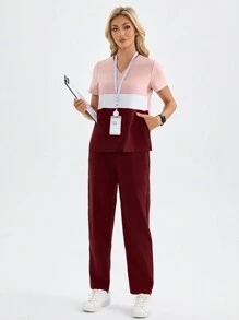 TaskEZ 撞色 V 领短袖口袋衬衫和裤子制服套装