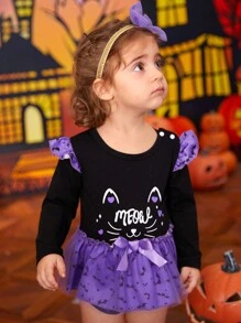 Body bébé fille mignon imprimé chat, manches longues, pour fête d'Halloween - Prune - Voir 1