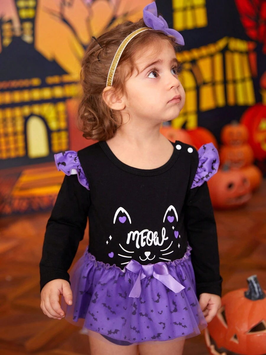 Body bébé fille mignon imprimé chat, manches longues, pour fête d'Halloween - Prune - Voir 1
