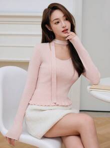 EastFlair Fall Winter Women's Pink Long Sleeve Ruffle Hem Sweater With Ribbon - Pink - View 4