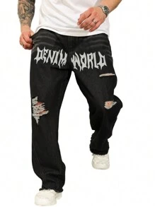 Manfinity Roughcore Lässige Jeans für Herren im Used-Look mit Buchstabenstickereien Große Größen