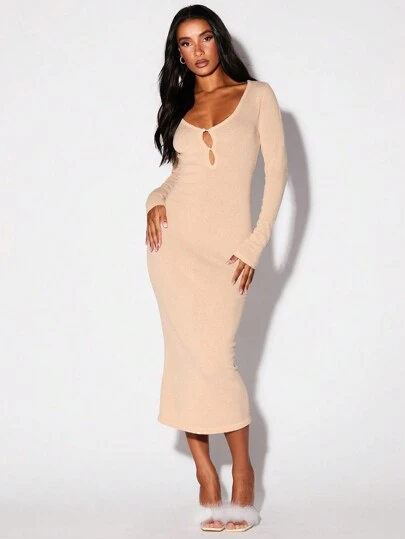 Glamine Halloween Deep V-Neck Hollow Out Long Sleeve Sweater Dress, Elegant Women Fall Cloth For Women
