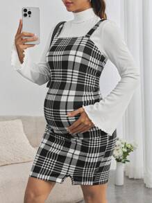 SHEIN 2 piezas Conjunto de maternidad: Top de cuello alto con mangas acampanadas y vestido deslizante a cuadros, conjunto de embarazo ajustado