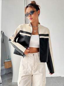 Muchica 春秋拼色拉链短外套 - 黑色 - 查看 4