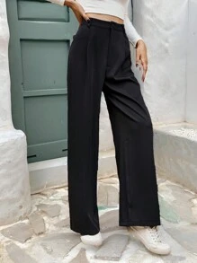 SHEIN Frenchy High Waist Plicated Detail Straight Leg Baggy Black Pants