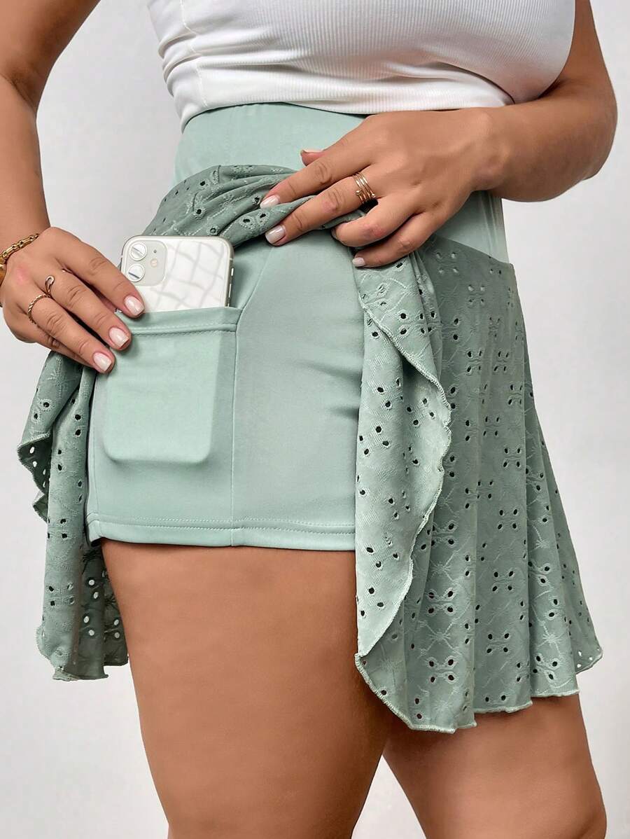 SHEIN Privé Plus Size Summer Elegant Casual Athletic Hollow-Out Textured Skort With Pockets, Green - Army Green - View 1