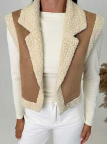 SHEIN Privé 女士无袖复合绒面革保暖内衬保暖优雅夹克 - 卡其色 - 查看 5