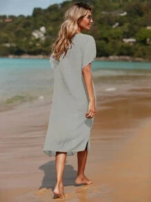 SHEIN Swim 女士 V 领短袖蝙蝠翼刺绣时尚海滩罩衫 夏季 - 灰色 - 查看 2