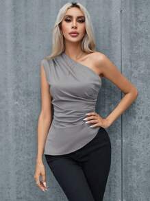 SHEIN Privé Áo cánh không đối xứng màu trơn thường ngày cho nữ, mùa hè - Màu Xám nhạt - Xem 6