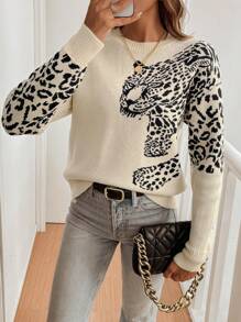 EMERY ROSE Women's Round Neck Leopard Print Long Sleeve Sweater,Long Sleeve Tops Knit Pullover Fall Winter Outfit - Apricot - View 4