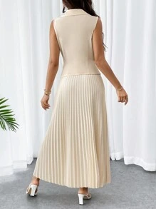SHEIN Privé 大码女式夏季简约优雅通勤约会聚会装裹身式西装背心和褶皱 A 字长裙 - 杏色 - 查看 9