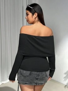 SHEIN EZwear Áo trễ vai màu đen cỡ lớn cho nữ, Thu/Đông - màu đen - Xem 2
