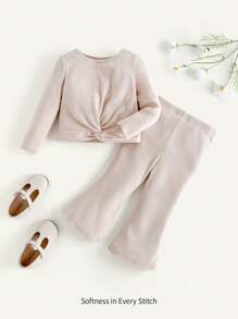 Cozy Pixies 2pcs Baby Girl Solid Color Knitted Soft Round Neck Long Sleeve Pullover Top And Wide Leg Pants Set - Khaki - View 3