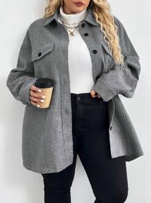 SHEIN CURVE+ Plus Drop Shoulder Flap Pocket Overcoat,,Fall Women Clothes,Fall Tops,Fall Outfits - Grey - View 1