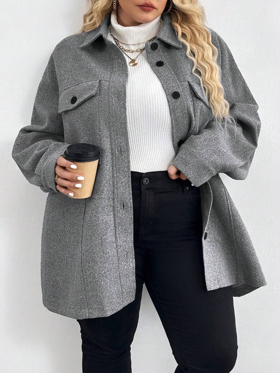SHEIN CURVE+ Plus Drop Shoulder Flap Pocket Overcoat,,Fall Women Clothes,Fall Tops,Fall Outfits - Grey - View 1