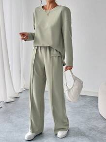 SHEIN LUNE 25+ Casual Sports Marbled Sweatshirt And Pants 2pcs Set - Army Green - View 6