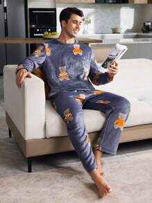 Cute Panda Plush Winter Lounge Suit Set For Men - Multicolor - View 7