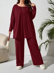 EMERY ROSE Plus Size Women's Solid Color Batwing Sleeve Top And Pants Casual 2 Pieces Set, Spring Summer - Burgundy - View 3