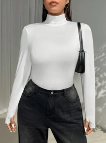 SHEIN EZwear Plus Size Women's High Collar Long Sleeve Versatile T-Shirt, Fall & Winter - White - View 4