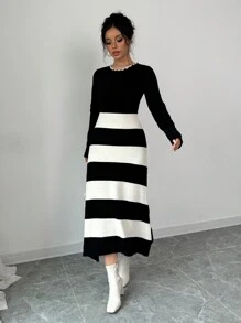 Elenzga 女士圆领长袖拼色条纹简约优雅针织毛衣连衣裙 - 黑與白 - 查看 6