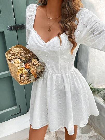 SHEIN Frenchy 女士纯色甜心领长袖撞色蕾丝优雅连衣裙、泡泡长袖女式文艺复兴连衣裙、秋季女式连衣裙、舞会礼服、白色连衣裙、刺绣秋季女装、秋季婚礼宾客礼服、返校节礼服、早午餐女装、优雅连衣裙、冬季女式连衣裙、返校节短款连衣裙、音乐会女装、感恩节连衣裙