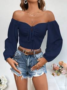 SHEIN VCAY Women's Solid Color Off-Shoulder Tie Front Long Sleeve Blouse - Navy Blue - View 5