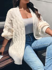 SHEIN Frenchy Áo len cardigan tay đèn lồng dệt kim cỡ lớn, Thu/Đông - Màu be - Xem 2