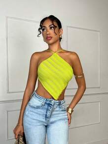 SHEIN BAE Lime Green Chic Elegant Summer Party Striped Lace Up Backless Asymmetrical Hem Knit Top,Women's Rave Festival Outfits,One Piece Swimsuit&Bikini Tops - Green - View 3