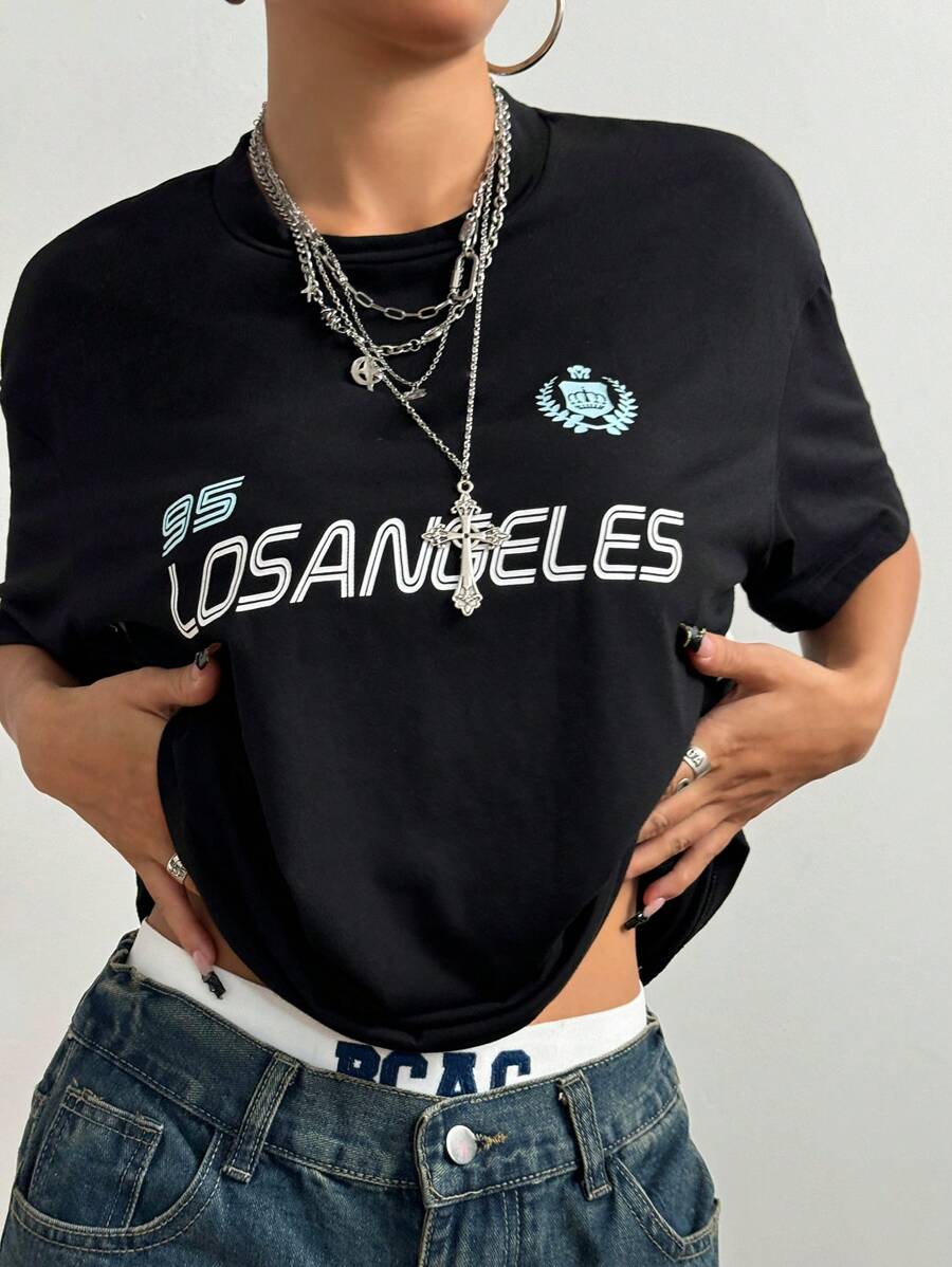 StreetHx Casual Style Printed Side Seam Contrasting Striped Loose Short Sleeve Crew Neck T-Shirt - Black - View 1