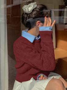 DAZY Women's Pattern Embroidered Cropped Fitted Casual Sweater,Fall Clothes - Red Violet - View 2