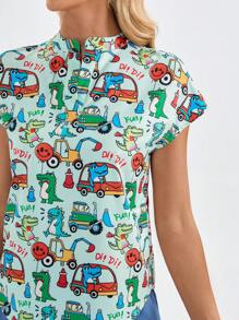 TaskEZ 卡通恐龙印花磨砂上衣，带口袋和裤子，制服套装 - 彩色 - 查看 5