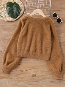 Elladie kids 春秋季 Tween Girl 休闲纯色毛绒开衫 - 咖啡棕 - 查看 3