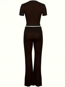 INAWLY 2pcs Plus Size Solid Color Crew Neck Ruched Short Sleeve Top And Pants Casual Set - Black - View 2