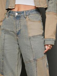 WESTFADE Premium 99% Cotton Denim Mid Rise Patchwork Y2K Wide Leg Jeans - Light Wash - View 4