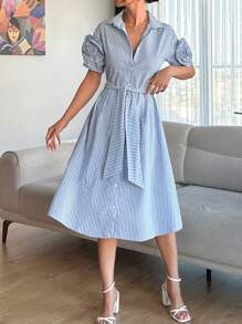 RueChic Embroidery  Detailed A Line  Shirt Dress - Blue and White - View 5