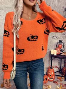 SHEIN LUNE Pull en tricot à motif citrouille pour Halloween, pull pour l'automne et l'hiver - Orange - Voir 6