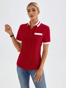 TaskEZ Uniforme de trabajo con botones delanteros de manga corta y bloques de color para mujeres
